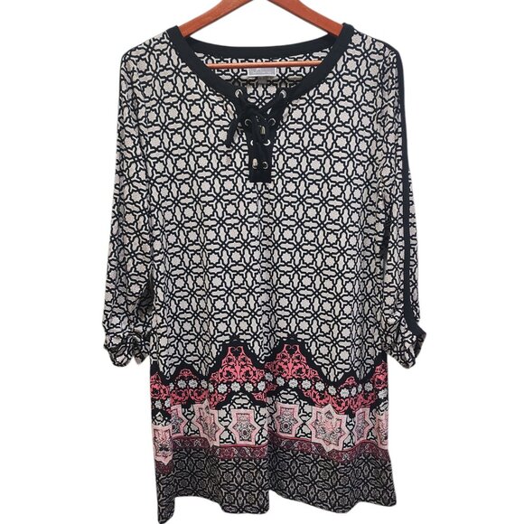 JM Collection Lace-Up Printed Tunic Top Women’s Large Boho Style Black Pink - Picture 10 of 14